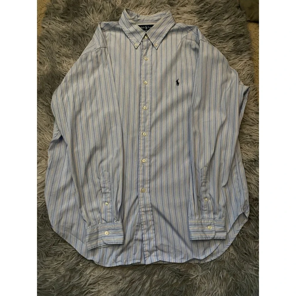Ralph Lauren Classic Fit Dress Shirt Men's‎ 17 34/35 Blue Yellow Striped Cotton